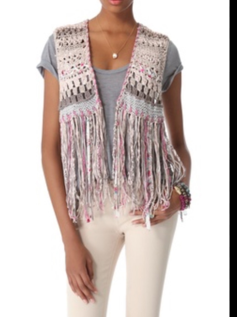 Free People “A Stitch In Time” Crochet Knit Fringe Sweater Vest